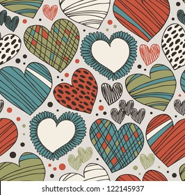 Seamless ornate pattern with hearts. Endless hand drawn cute background. Craft texture with many details