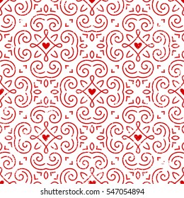 Seamless ornate pattern with hearts. Retro background for Valentines Day, wedding, etc. EPS10 vector illustration.