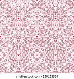 Seamless ornate pattern with hearts. Retro background for Valentines Day, wedding, etc. EPS10 vector illustration with grunge texture