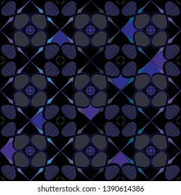 SEAMLESS ORNATE PATTERN WITH MANDALA ELEMENTS IN SHADES OF INDIGO, AQUA, PURPLE, BLACK AND GREEN. MANDALA TEXTURE. VECTOR TEMPLATE FOR FABRIC, WALLPAPER, TILE, WRAPPING, COVERS AND CARPETS.