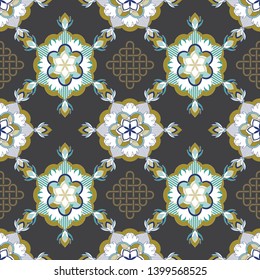 SEAMLESS ORNATE PATTERN WITH MANDALA ELEMENTS AND TRADITIONAL KNOTS IN SHADES OF OLIVE, , AQUA, BLACK AND WHITE. MANDALA TEXTURE. VECTOR TEMPLATE FOR FABRIC, WALLPAPER, TILE, WRAPPING, COVERS AND