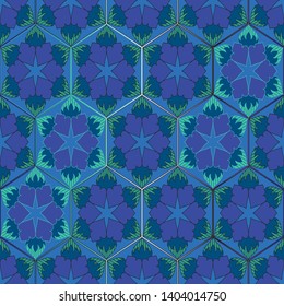 SEAMLESS ORNATE PATTERN WITH MANDALA ELEMENTS IN SHADES OF AQUA, PURPLE, INDIGO AND GREEN. MANDALA TEXTURE. VECTOR TEMPLATE FOR FABRIC, WALLPAPER, TILE, WRAPPING, COVERS AND CARPETS.
