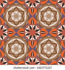 SEAMLESS ORNATE PATTERN WITH MANDALA ELEMENTS IN SHADES OF CORAL, ORANGE, PURPLE, CREAM, BLACK AND TAN. MANDALA TEXTURE. VECTOR TEMPLATE FOR FABRIC, WALLPAPER, TILE, WRAPPING, COVERS AND CARPETS.
