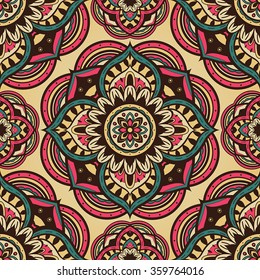 Seamless ornate pattern of the mandalas on a yellow background. Vector vintage ornament with round decorative elements. Template for shawls, carpets, textiles, linens.