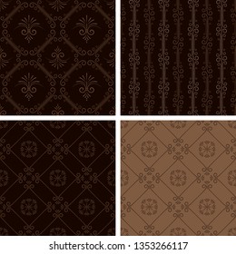 Seamless ornate pattern on brown background. Set of dark patterns