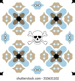 Seamless ornate pattern with skull design on white background