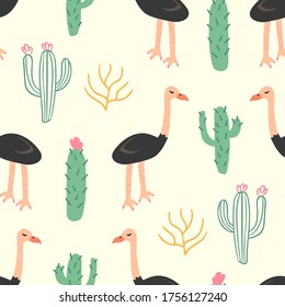 Patrón De Aves Y Cactus De Ostrich Sin Pisos, Ilustración De Vectores EPS 10.