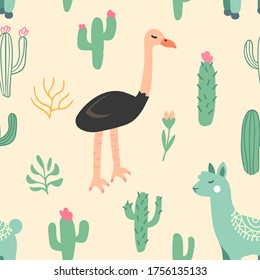 Seamless Ostrich Bird, Llamas Animal And Cactus Pattern, Vector Illustration EPS 10.
