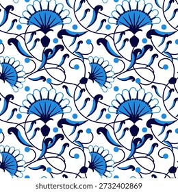 Seamless Ottoman Iznik Floral Pattern with Blue Stylized Flowers and Curved Leaves