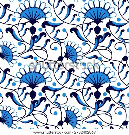 Seamless Ottoman Iznik Floral Pattern with Blue Stylized Flowers and Curved Leaves