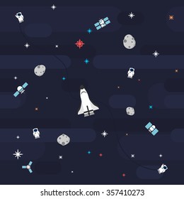 Seamless Outer Space Pattern In Flat Style, Depicting Astronaut Mission To Repair Satellites In Outer Space, Where Asteroids And Stars Decorating The Background.