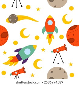 Seamless Outer Space Pattern with Planets, Stars, and Rockets