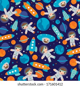Seamless outer space ufo rocket illustration science kids background pattern in vector 
