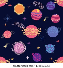 Seamless outer space ufo rocket science kids background pattern.