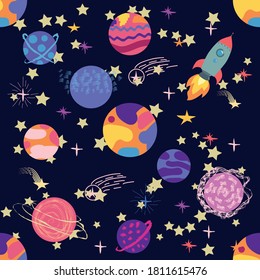 Seamless outer space ufo rocket science kids background pattern.