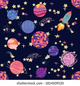 Seamless outer space ufo rocket science kids background pattern.