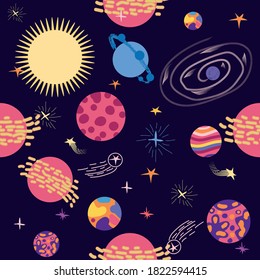 Seamless outer space ufo rocket science kids background pattern.