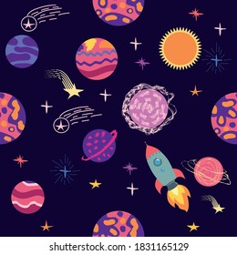 Seamless outer space ufo rocket science kids background pattern.