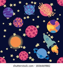 Seamless outer space ufo rocket science kids background pattern.