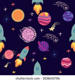 Seamless outer space ufo rocket science kids background pattern.