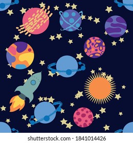 Seamless outer space ufo rocket science kids background pattern.