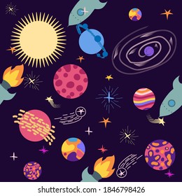 Seamless outer space ufo rocket science kids background pattern.