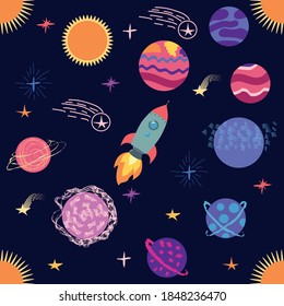 Seamless outer space ufo rocket science kids background pattern.