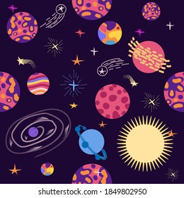 Seamless outer space ufo rocket science kids background pattern.