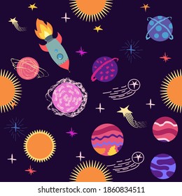 Seamless outer space ufo rocket science kids background pattern.