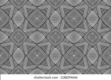 Seamless outline abstract pattern with optical illusion. Endless Difficult Uncolored Adult Coloring book page with optical illusion and distortions for adults or kids. 