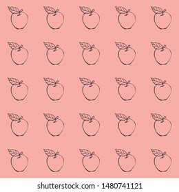 Seamless outline Apple background. Vector monochrome texture. Vector seamless texture. Doodle Fruit. Hand-drawn. Drawing a line. Design for packaging, textiles, websites and surfaces.