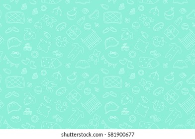 Seamless outline baby icons pattern on green background