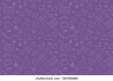 Seamless outline baby icons pattern on deep purple background