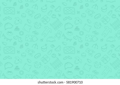 Seamless Outline Baby Icons Pattern On Green Background