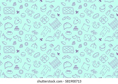 Seamless outline baby icons pattern on green background