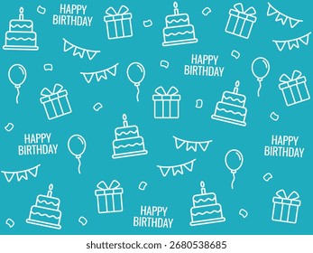 Nahtloses Umriss-Geburtstagsmuster mit Kuchen, Geschenken, Girlande, Ballons und Konfetti auf Tosca-Hintergrund. Perfekt für Partyhintergründe, Packpapier oder Einladungen.