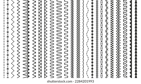 Seamless outline border isolated on white background. Overlock fabric elements collection. Set of embroidery stitches. Sewing seams. machine thread sew brushes. Simple design. Vector illustration.