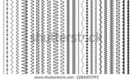 Seamless outline border isolated on white background. Overlock fabric elements collection. Set of embroidery stitches. Sewing seams. machine thread sew brushes. Simple design. Vector illustration.