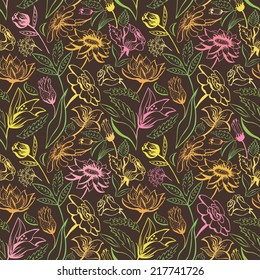 Seamless outline bright vector background with vintage flowers 