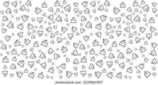 Seamless Outline Cake Pattern on White Background, Cute Dessert Icons for Packaging and Fabric Design