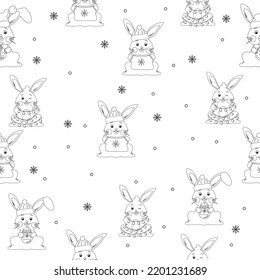 Seamless outline of the Christmas bunny pattern. Vector illustration