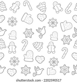 Seamless outline of a Christmas gingerbread cookie pattern. Vector illustration