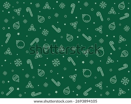 Seamless outline Christmas pattern with candy canes, mistletoe, baubles, snowflakes, and stars scattered on rich green background. Perfect for holiday wrapping, cards, or Christmas decor