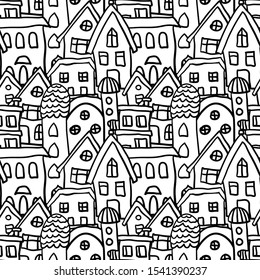 Seamless outline city pattern. Endless little town. Building silhouette. Hand drawn coloring book elements. House and tower in cartoon style.