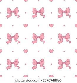 Seamless Outline Coquette Hand Drawn Bow and Heart in Muted Pink and White. Vector Illustration Pattern.