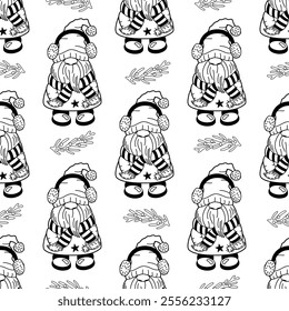 Seamless outline doodle pattern with dwarf in winter scarf