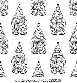 Seamless outline doodle pattern with dwarf and holiday decorations