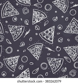 seamless outline drawing pizza pattern on dark background