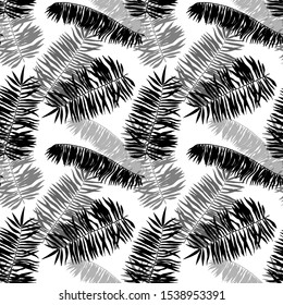 Seamless outline exotic leaves pattern. Tropical foliage elements on white background. Hand drawn silhouette ornament.