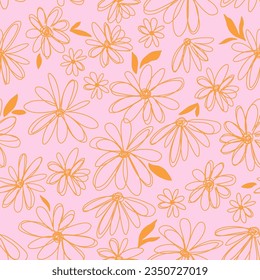 Nahtlose Umrissblumen Muster. Rosa und orangefarbene Sommervektor botanische Textur. Perfekt für Stoff, Textilien, Tapeten.
